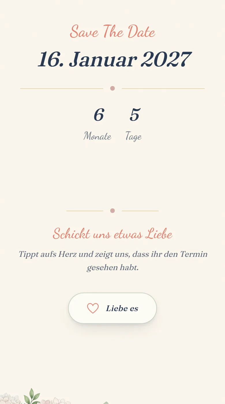 Save-the-Date-Seite im Theme Bloom mit Countdown und Reaktions-Button