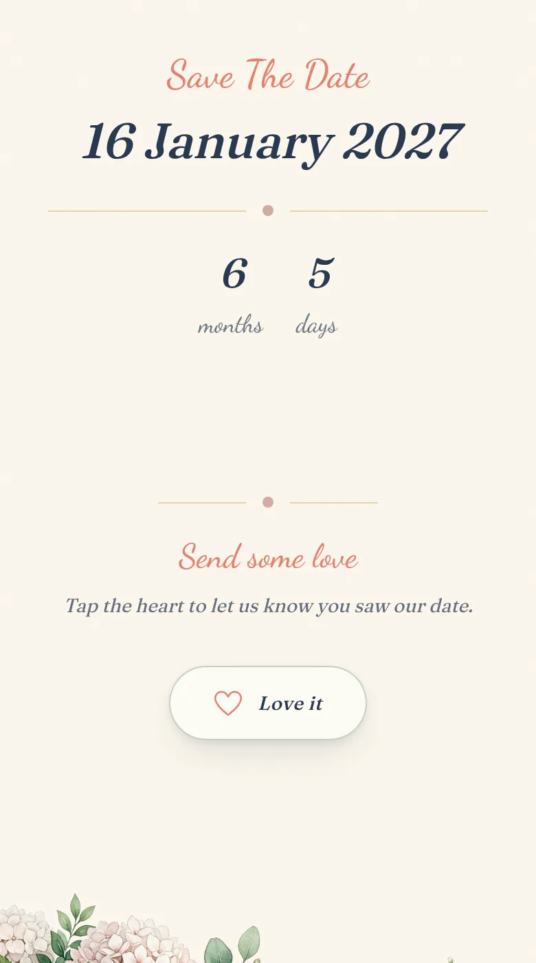 Save-the-date page in the Bloom theme with countdown and reaction button
