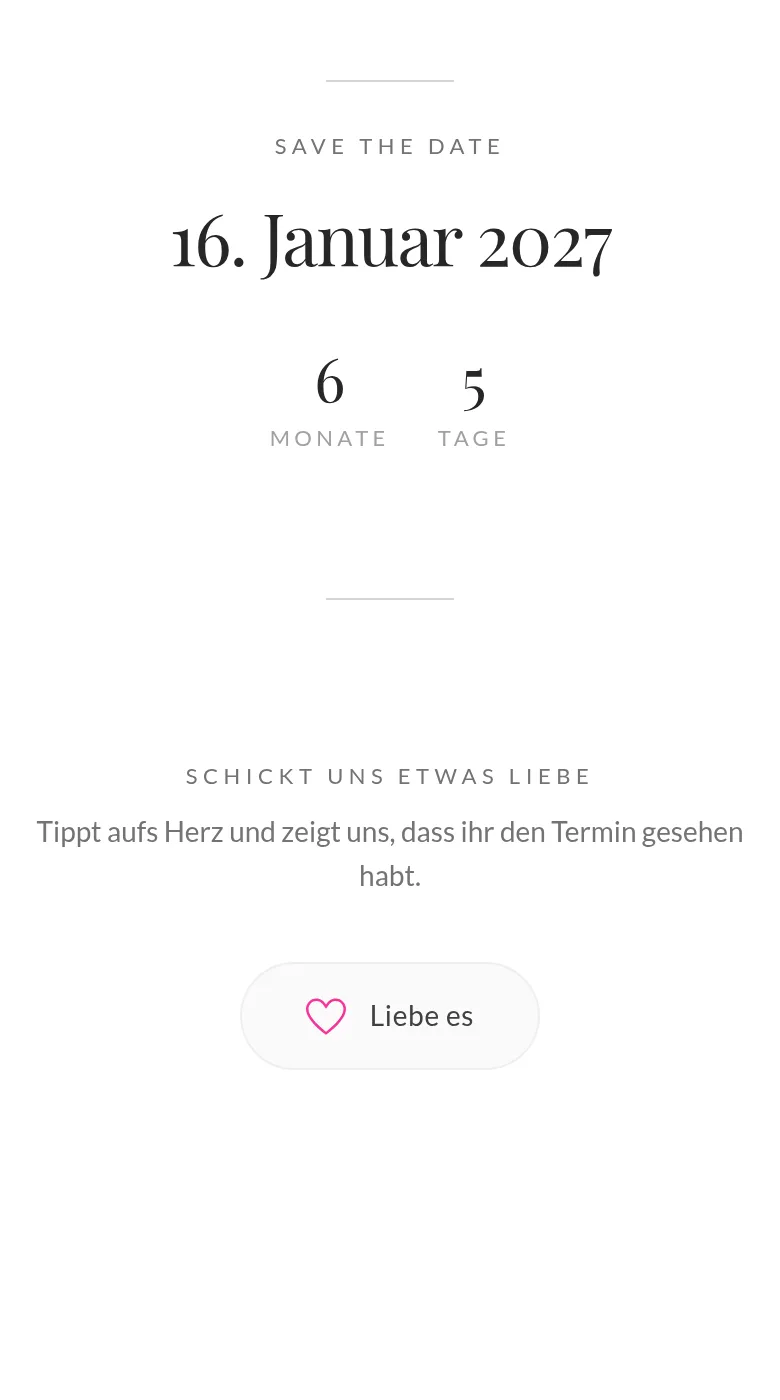 Save-the-Date-Seite im Theme Klassisch mit Countdown und Reaktions-Button