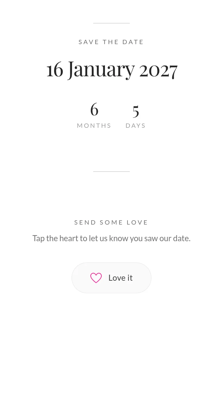 Save-the-date page in the Classic theme with countdown and reaction button