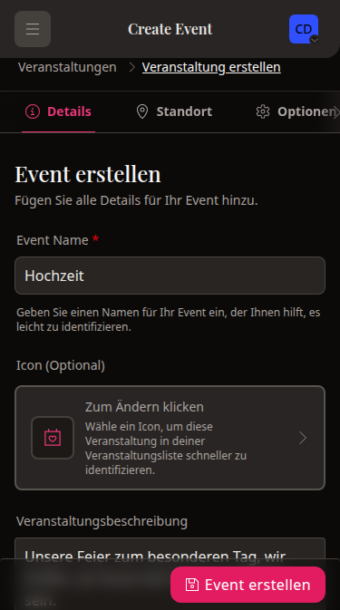 Wedset.app event creation interface showing multiple wedding events