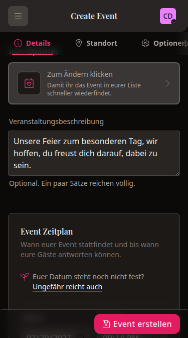 Wedset.app event creation interface showing multiple wedding events