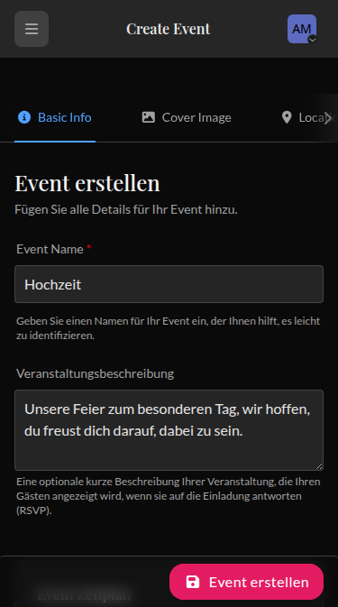 Wedset.app event creation interface showing multiple wedding events