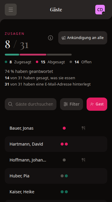 Mobile wedset Gästeliste mit Essenswünschen der Hochzeitsgäste
