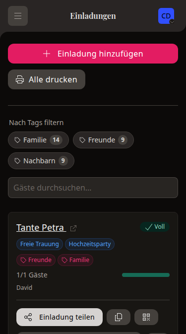 Mobile wedset Einladungsübersicht mit Familien und ihren zugeordneten Hochzeitsevents