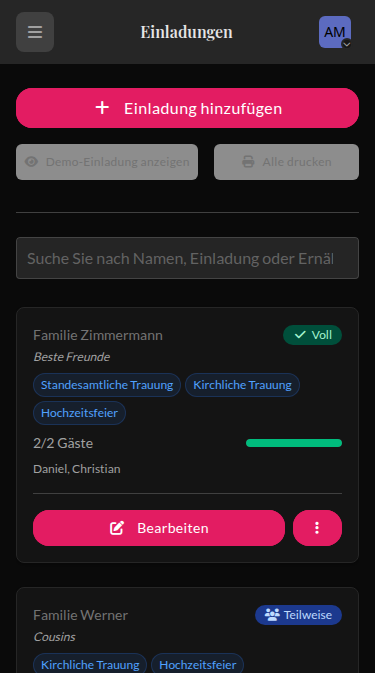 Wedset.app invite management showing QR codes and personalized links