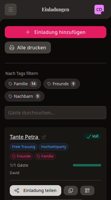 Mobile wedset Einladungsübersicht mit Familien und ihren zugeordneten Hochzeitsevents
