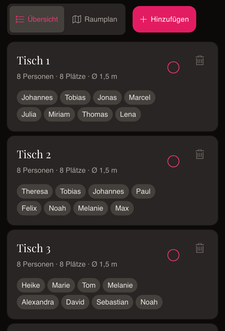 Die Übersicht im Tischplan von wedset: Tisch 1 bis 3 mit den Vornamen der Gäste