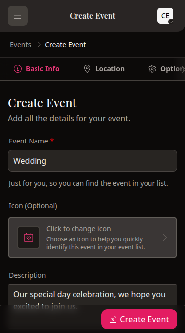 wedset.app event creation interface showing multiple wedding events