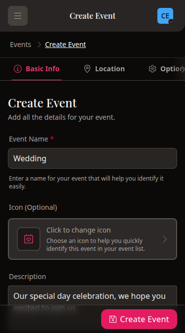 Wedset.app event creation interface showing multiple wedding events