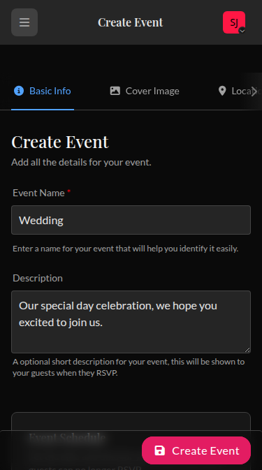 Wedset.app event creation interface showing multiple wedding events