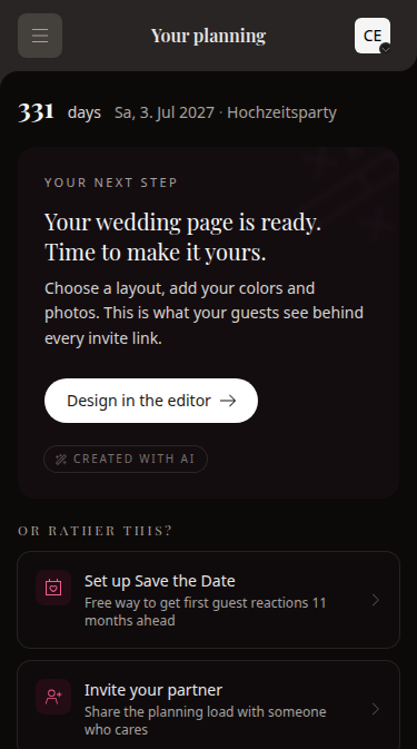 The wedset dashboard showing the countdown, guest numbers, invitations and the menu for seating plan, to-do lists and photo hub