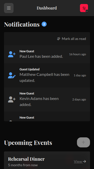 Wedset.app RSVP tracking dashboard showing guest responses and statistics