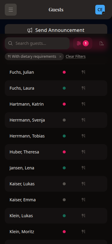 Mobile wedset guest list showing wedding guests with dietary requirements
