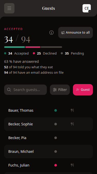 The wedset guest list showing RSVPs on a phone