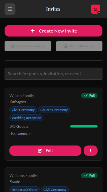 Wedset.app invite management showing QR codes and personalized links