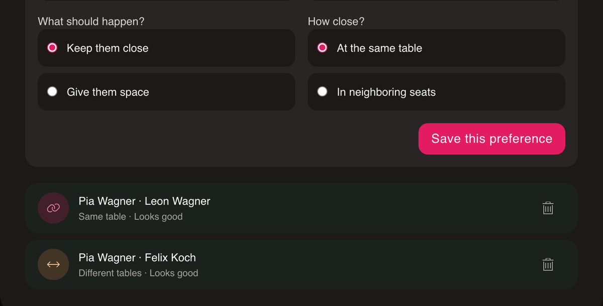 Seating wishes in wedset: two saved wishes, both marked Looks good