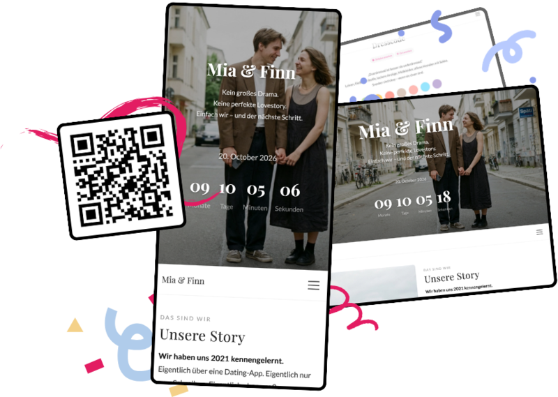 A wedding website built with wedset shown on a phone and tablet, with countdown and QR code