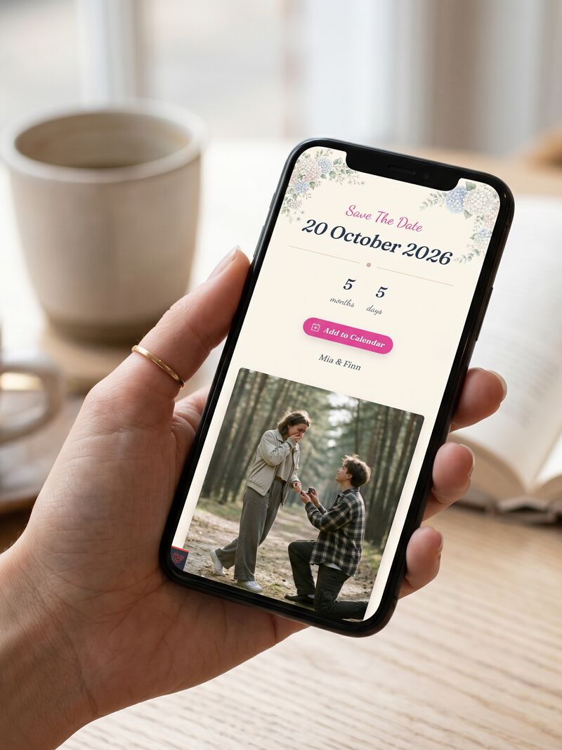 Eine Hand hält ein Smartphone mit einer Save-the-Date-Seite: Datum, Countdown und ein Button zum Eintragen in den Kalender
