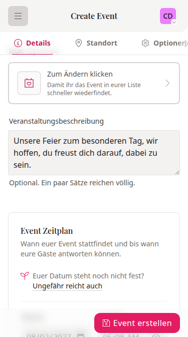 Wedset.app event creation interface showing multiple wedding events