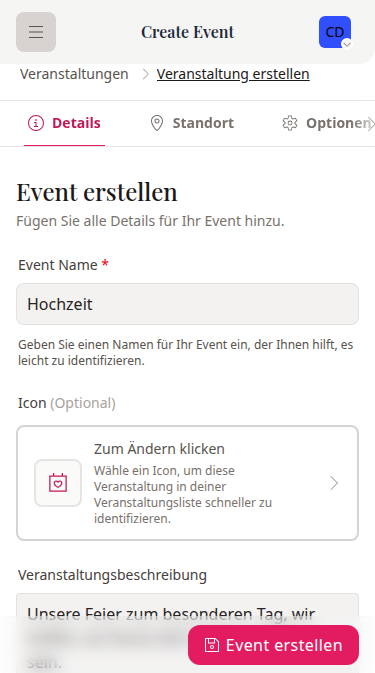 Wedset.app event creation interface showing multiple wedding events