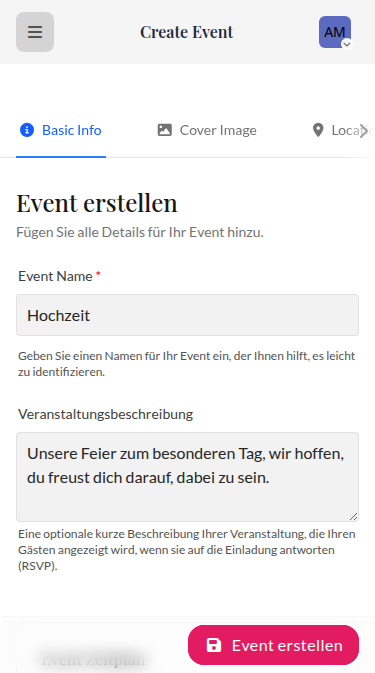 Wedset.app event creation interface showing multiple wedding events