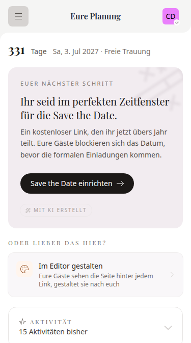 Das wedset Dashboard mit Countdown, Gästezahl, Einladungen und dem Menü zu Tischplan, Aufgabenlisten und Bilder Hub