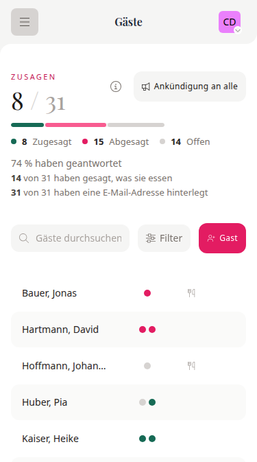Mobile wedset Gästeliste mit Essenswünschen der Hochzeitsgäste