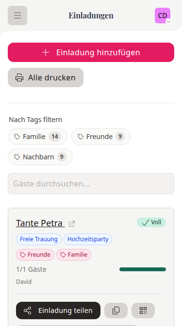 Mobile wedset Einladungsübersicht mit Familien und ihren zugeordneten Hochzeitsevents