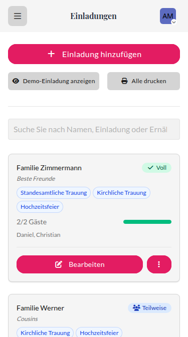 Wedset.app invite management showing QR codes and personalized links