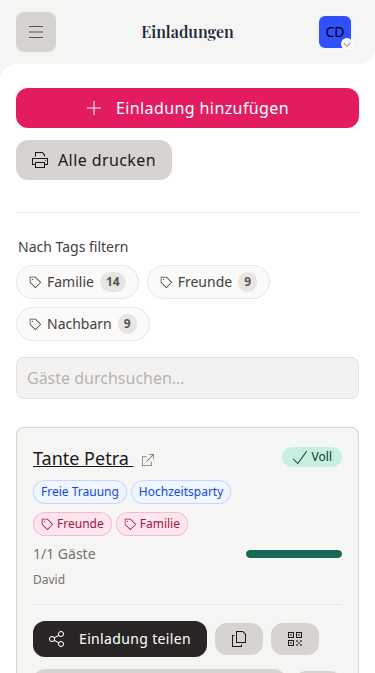 Mobile wedset Einladungsübersicht mit Familien und ihren zugeordneten Hochzeitsevents