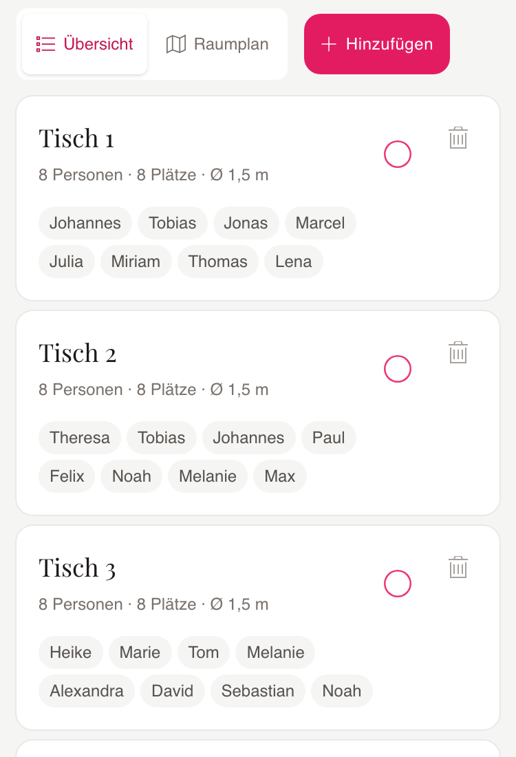 Die Übersicht im Tischplan von wedset: Tisch 1 bis 3 mit den Vornamen der Gäste