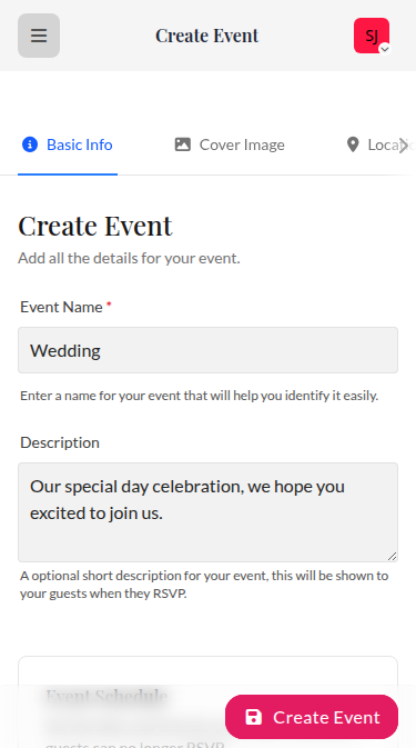 Wedset.app event creation interface showing multiple wedding events