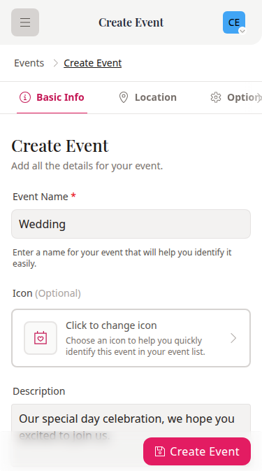 Wedset.app event creation interface showing multiple wedding events