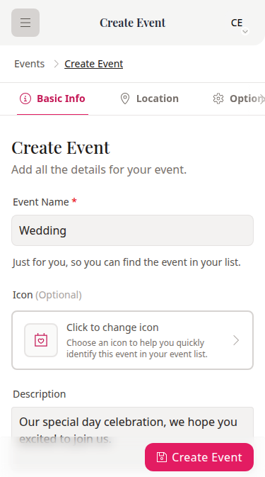 wedset.app event creation interface showing multiple wedding events