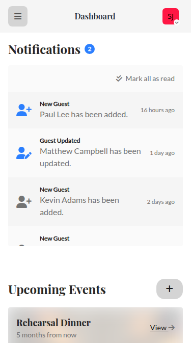 Wedset.app RSVP tracking dashboard showing guest responses and statistics