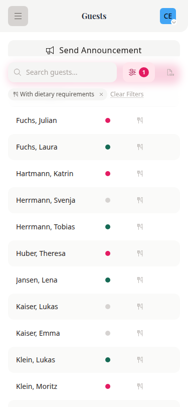 Mobile wedset guest list showing wedding guests with dietary requirements