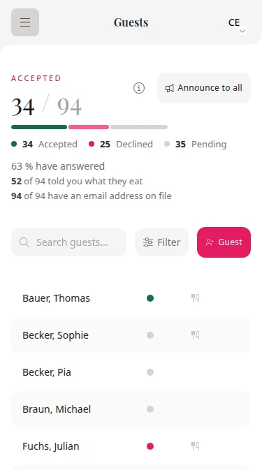 The wedset guest list on a smartphone