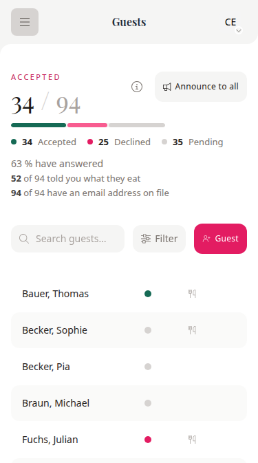 The wedset guest list showing RSVPs on a phone