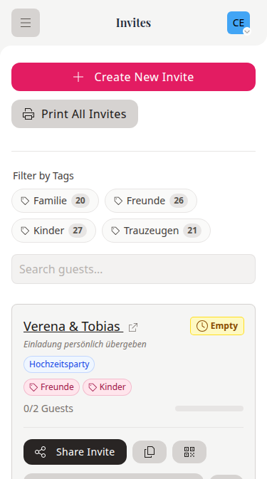 Wedset.app invite management showing QR codes and personalized links