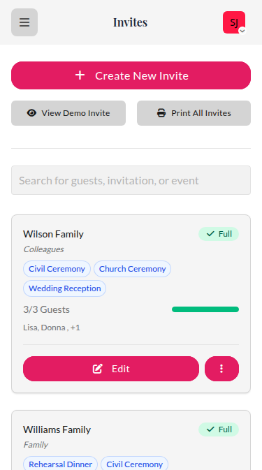 Wedset.app invite management showing QR codes and personalized links