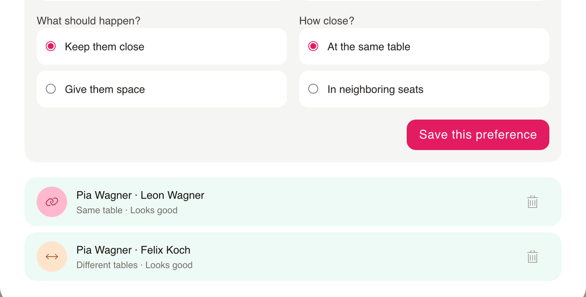 Seating wishes in wedset: two saved wishes, both marked Looks good