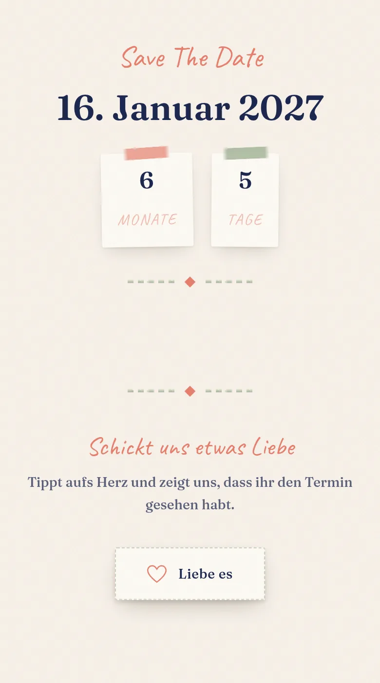 Save-the-Date-Seite im Theme Scrapbook mit Countdown und Reaktions-Button