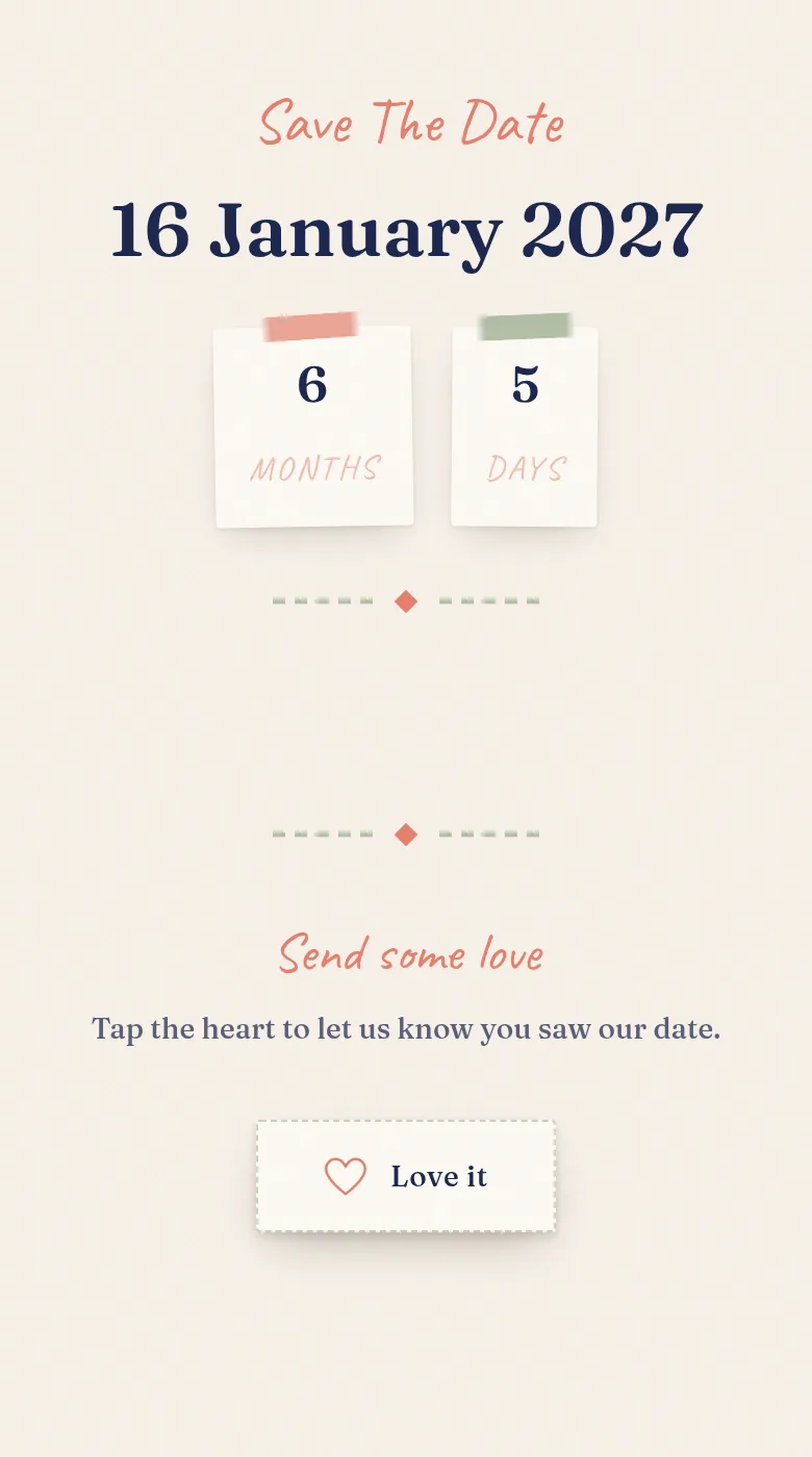 Save-the-date page in the Scrapbook theme with countdown and reaction button