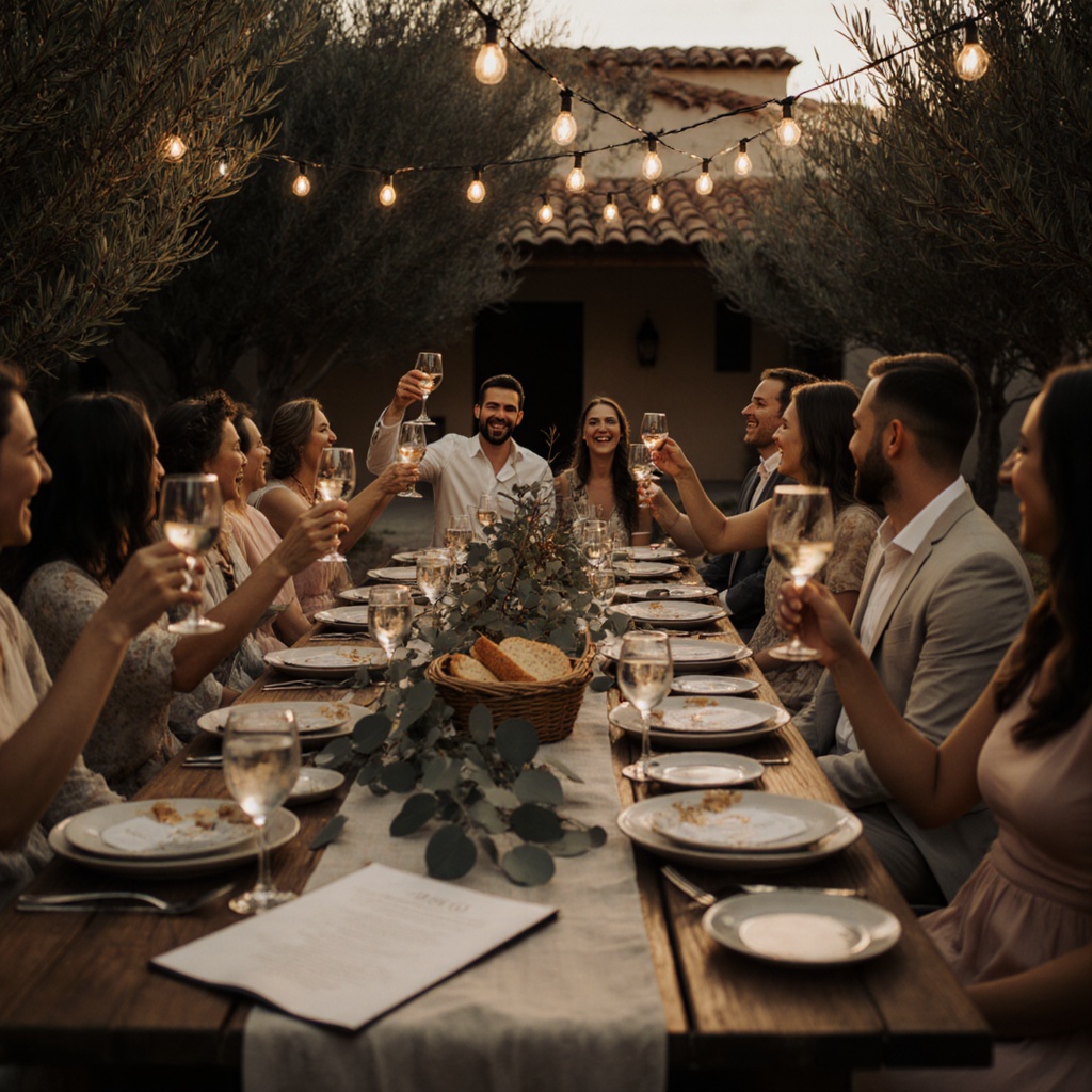 Wedding guests sharing dinner at a long table